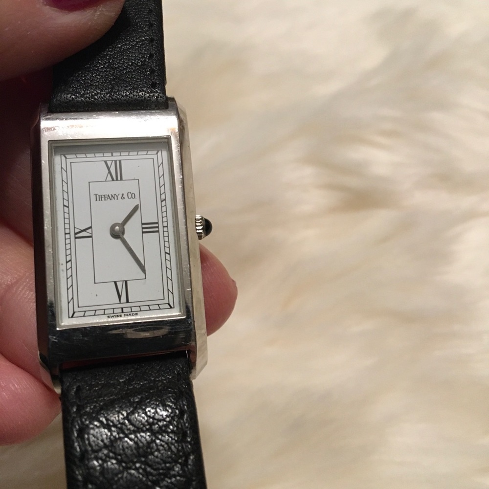 Vintage Authentic TIFFANY & CO Black Leather WATCH Rectangle Roman Numeral - Picture 12 of 15